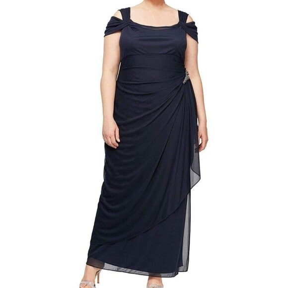 Alex Evenings Cowl Neck Bridesmaid Dress Womens 14W Navy Blue Chiffon‎ Formal - Picture 1 of 16